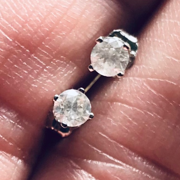 Solid 14K White Gold & Genuine Diamond Stud Earrings - Picture 10 of 11